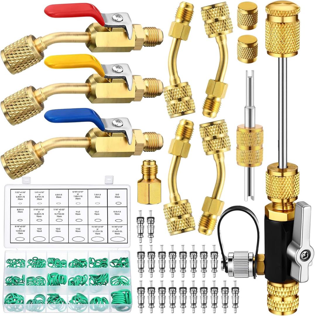 Tujoe R410a Valve Core Remover Tool HVAC Air Conditioning Refrigerant Angled Compact Ball Valve Compatible with Sae 1/4 and 5/16 Port R410 R32 Brass Adapter 20 Cores 10 Brass Nut 270 Sealing Washer