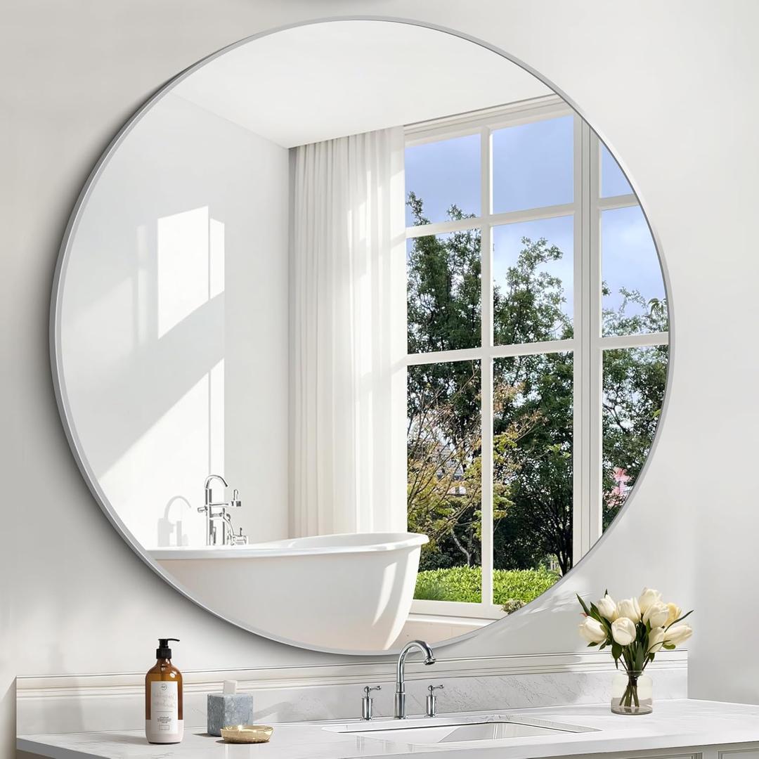 Silver Round Mirror, 48 inch Large Circle Mirrors, Aluminum Metal Frame Big Round Bathroom Mirror, Oversized Circle Mirror, Huge Circular Mirrors for Wall Bathroom Entryway Bedroom Living Room