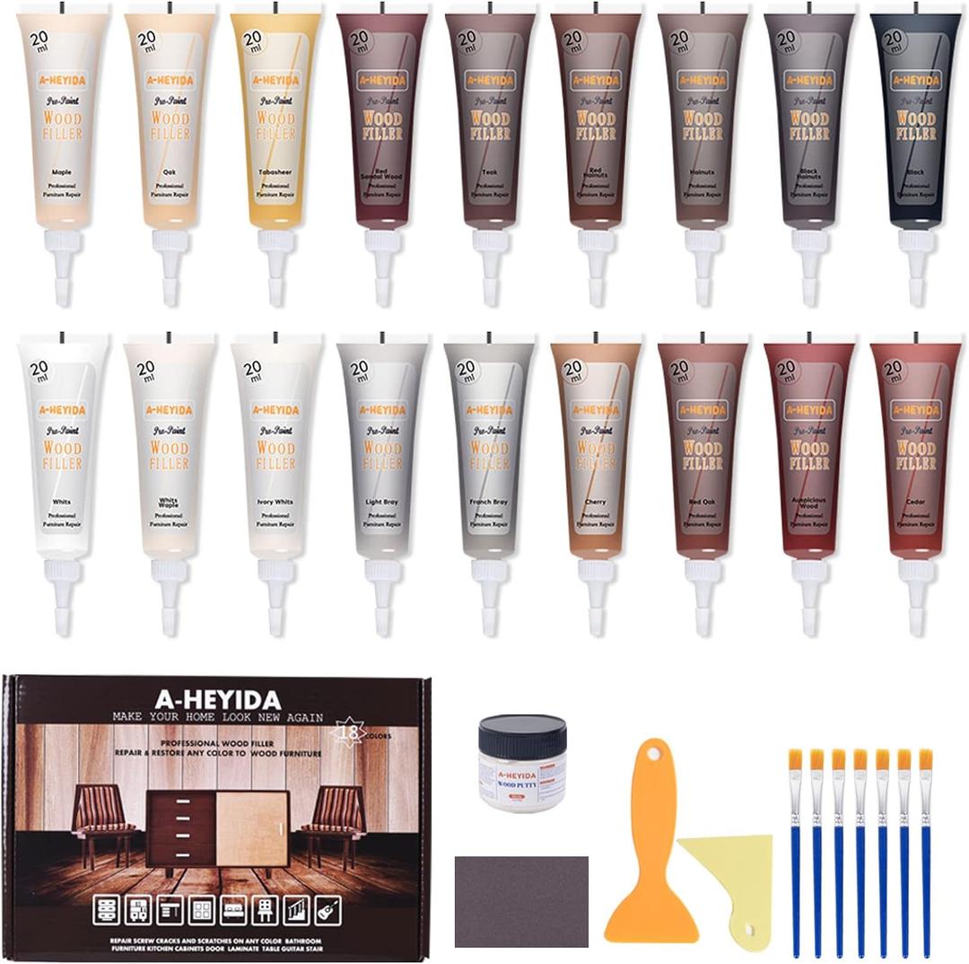 Wood Furniture Repair Kit - 18 Colors Wood Filler Hardwood Laminate Vinyl Floor Repair Kit Wood Putty Cabinet Touch Up Kit - Cover Scratches, Stains, Holes for Table, Door, Veneer, Cherry, Walnut