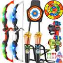 VATOS Pack of 2 Bow and Arrow Toy for 5 6 7 8 9 10 11 Year Old Boys Girls, Light Up Archery Toy with Cup Suction Standing Target & 29 in Dart Board, Indoor Outdoor Activity Toys Birthday