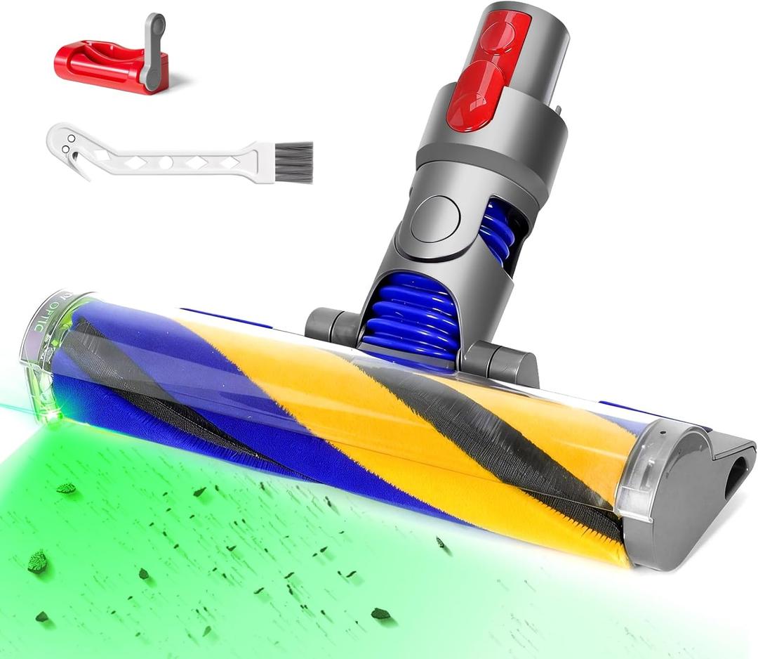 OTTWL V15 Fluffy Optic Cleaner Head Compatible with Dyson V8 V10 V11 V15 Cordless Vacuum Cleaners, Soft Roller Head with LED Green Light, Suitable for Thin Carpets, Hardwood Floor