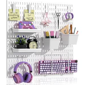 AKTOP Peg Board Wall Organizer 4-Pack – 12"x12" White Pegboard Combination Kit with 13 Accessories for Wall, Plastic Peg Board Panels for Home, Office, Garage Tool Storage & Craft Room
