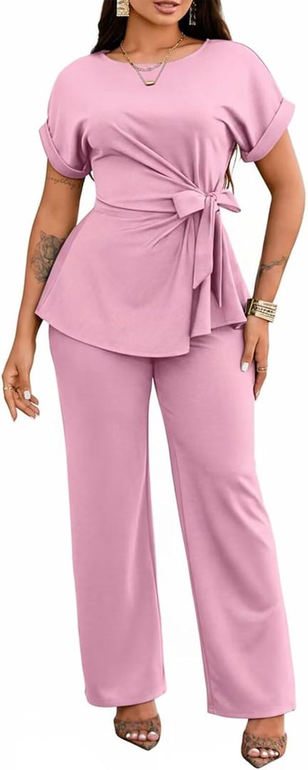 Ekaliy Women's 2 Piece Outfits Short Sleeve Peplum Top Flared Pant Business Suit Set Dressy Pantsuits, Medium