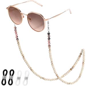 2 x Eyeglass Chains for Women Sunglasses Strap Wooden Bead Chain Natural Stone Beaded Mask Lanyard Chain (Pink Zebra Stone)