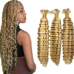 P27/613 Blonde Human Braiding Hair Deep Curly Bulk 20 20 20 Inch Highlight Honey Blonde Deep Wave Braids Human Hair Extensions Unprocessed Virgin Remy Hair 3 Bundle 50 Gram Per Bundle