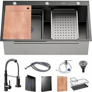 28in Stainless Steel Kitchen Sink: Black Single Bowl Drop In Workstation, 28*18in