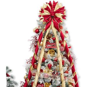Christmas Tree Topper Bow, 53x13 Inches Large Christmas Bow with Glitter Streamer, Decorative Ribbon Bows for Xmas Tree Wreath Door Festival Home Decor (Red & Gold)
