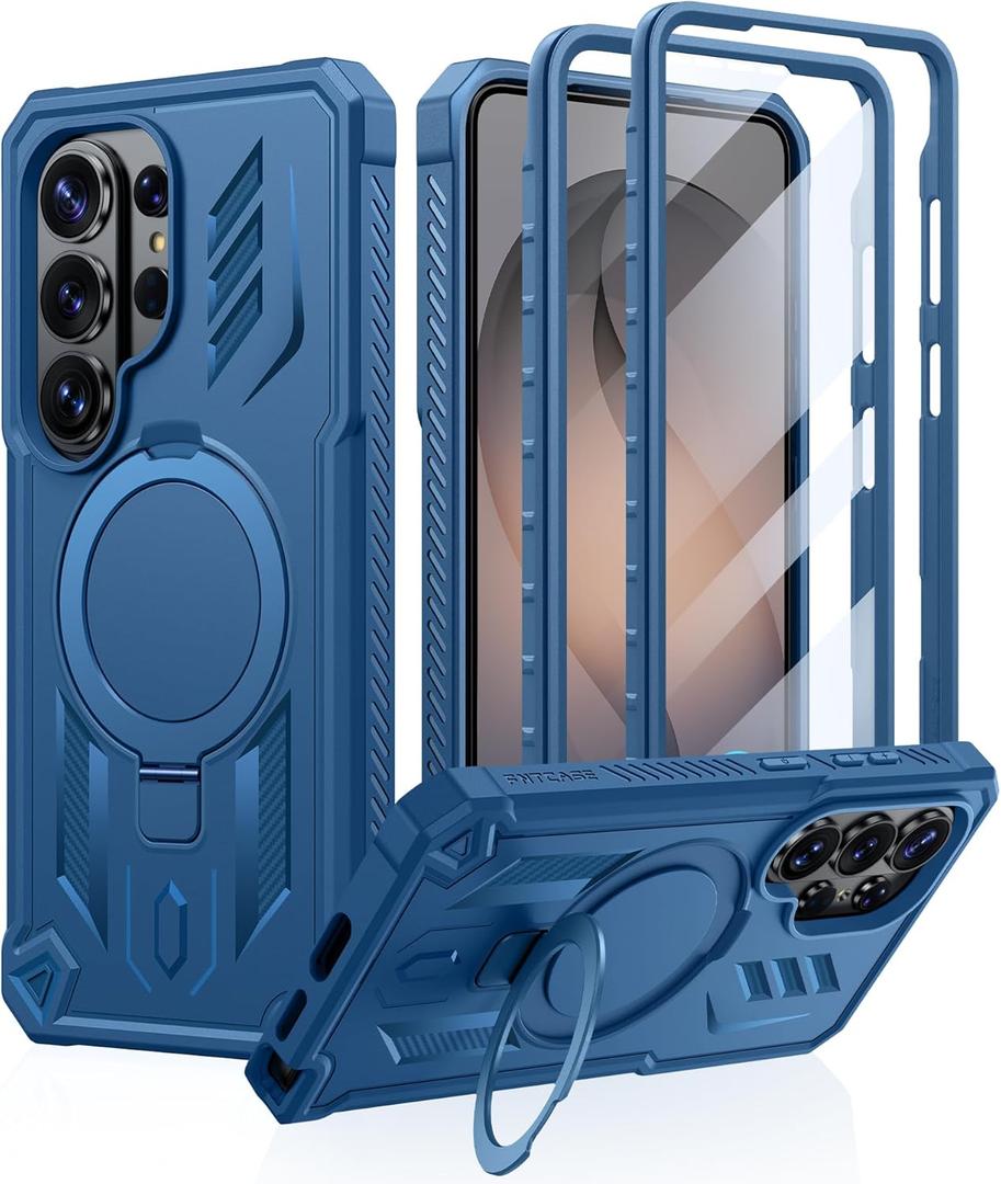 FNTCASE for Samsung Galaxy S26-Ultra Case: Magnetic Phone Cases with [Ring Kickstand] [2 Front Frames] [Built-in Screen Protector] [Heavy Duty Military Grade Protection] Drop Proof TPU Cover Blue