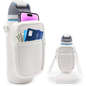 for Owala FreeSip Insulated Stainless Steel Water Bottle Cup Holder Cover Carrier Sling Bag with Strap, Pouch Pocket for Phone/Accessories, add Handle for Owala 40oz (White-40oz)