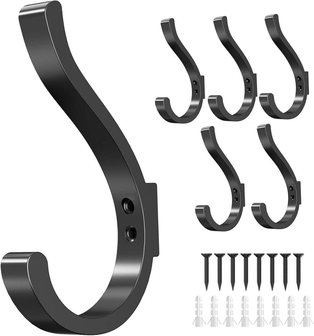 Wall Hooks for Hanging Coat/Backpack - 5.4'' Large 40LBS Heavy Duty Hanger Wall Mount Screw in, for Towel, Closet, Robe, Bag, Outdoor, Black 6 Pack