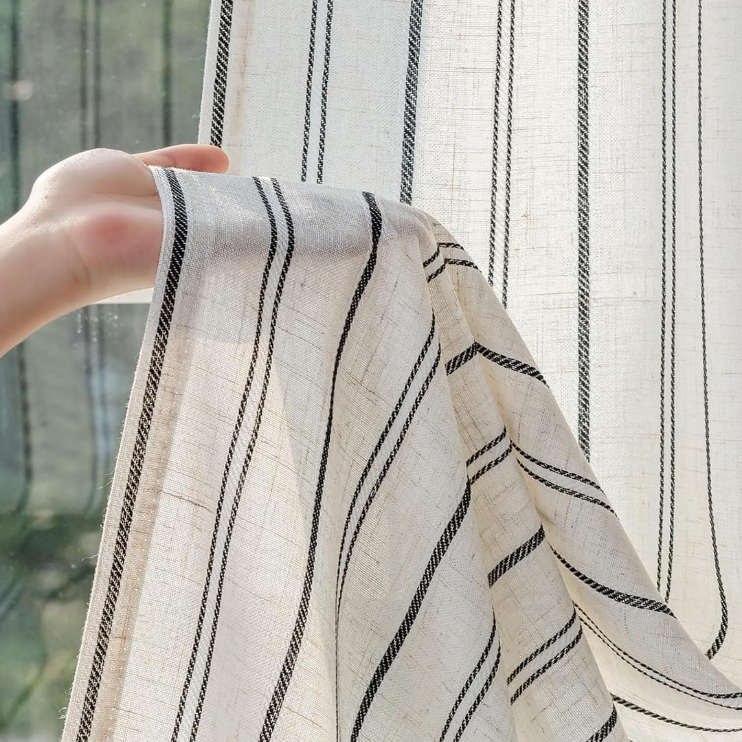 MYSKY HOME Linen Curtains Black Striped for Living Room 84 Inch Long Pack-2 | Semi Sheer for Bedroom, Light Filtering, Farmhouse Rustic Vertical Drapes, Boho Window Treatments, Back Tab, 50" x 84"