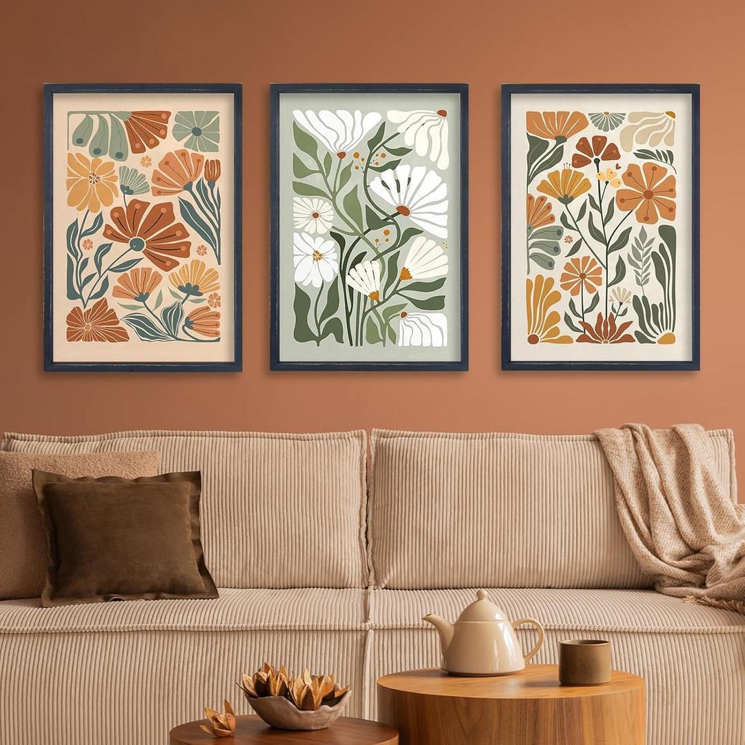 Wildflower Floral Green Botanical Wall Art Print 16"x11" Set of 3 flower Illustrations Minimalist Modern Boho Sign Wood Framed for Living Room Bedroom Office Abstract Wall Hang Decor (Black) (16L" x 11W")