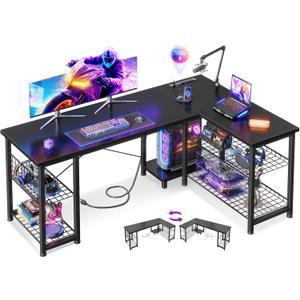 Casaottima 51 Inch L Shaped Gaming Desk with Shelves & Power Outlets, Reversible Computer Desk with Storage Shelves for Home Office, Black