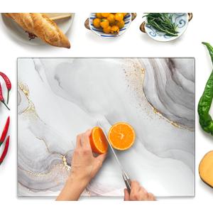 Kitchenville Glass Cutting Board 20”x16”: Tempered Glass Kitchen Counter Protector - Durable- Scratch-Resistant, Heat-Proof - Design 7 - White & Gold