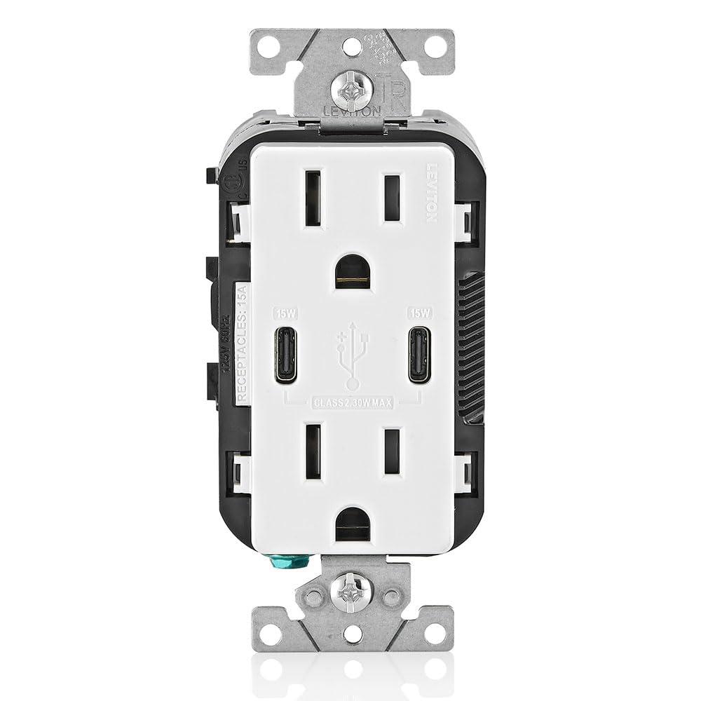 Leviton 30W (6A) USB Dual Type-C/C in-Wall Charger with 15A Tamper-Resistant Outlet, USB Charger for Smartphones and Tablets, Not for Laptops, T5637-W, White