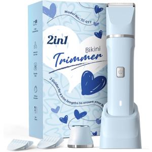 Electric Shaver for Women Gifts for Women - Rechargeable Cordless Bikini Trimmer Razor Hair Removal Groomer Wet/Dry Waterproof Pubic Body Facial Legs Arm Safe Ceramic Blade Hypoallergenic -Blue (2-in-1 Blue)