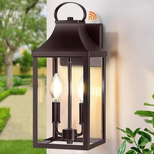 15" Dusk to Dawn Black Outdoor Wall Lantern 2-Light, Outside Modern Wall Sconce Light Fixture, Industrial Porch Light Wall Mount with E12 Sockets, Waterproof Exterior Lamp Lighting, Black (Brown)