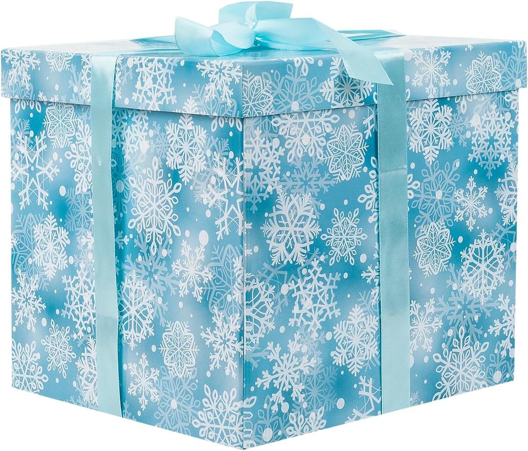 Jaywayang 10" Large Christmas Gift Box with Lid and Ribbon, Blue Snowflake Gift Box with Paper Filler for Holiday Xmas Presents Wrapping.
