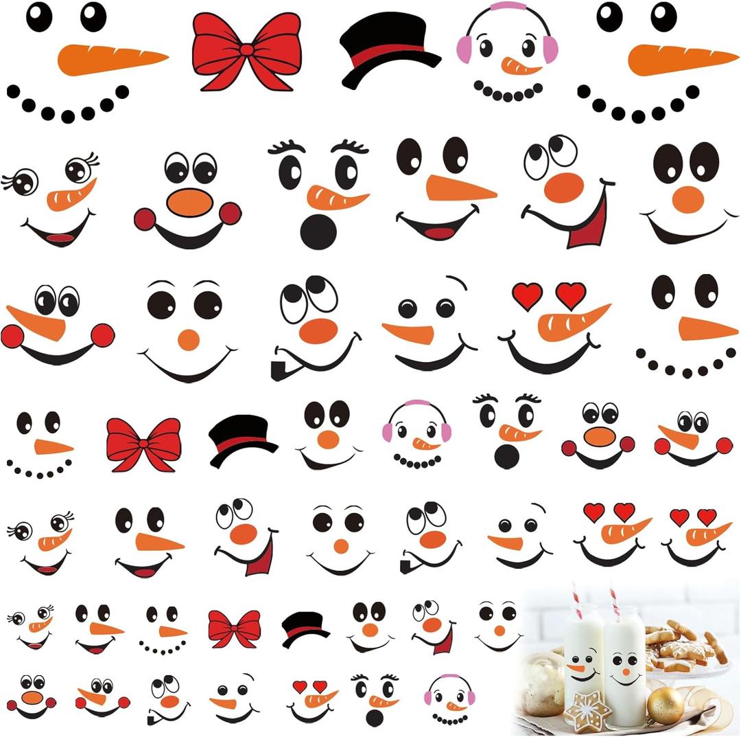 5 x 63pcs Snowman Face Stickers for Crafts Cute Christmas Ornaments Vinyl Snow Man Face Decals Xmas Winter Holiday Stickers for Window Glass Cups Balls Jars Wall Party Supplies Home Decoration(face63)