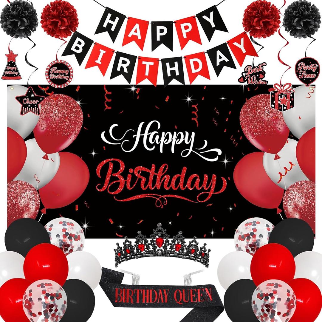 Roetyce Red Birthday Decorations for Women, Black and Red Birthday Queen Sash & Crown Banner Backdrop Balloons Hanging Swirls Kit Gift for Her, Bday Party Backdrop Background