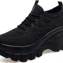 Women's Chunky Platform Comfort Orthopedic Wedge Walking Shoes Fashion Knitted Breathable Lace Up Lug Sole Casual Non-Slip Running Shoes with Arch Support (7, Black)