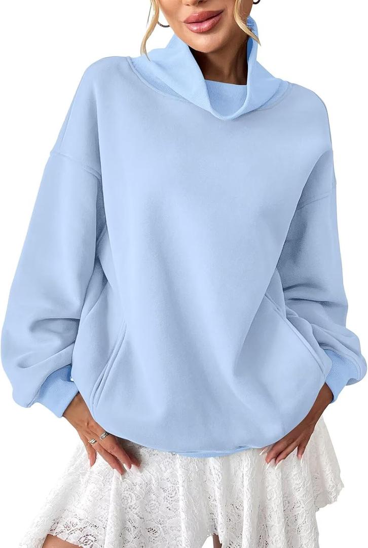 EasyGala Womens Fleece Sweatshirts with Pockets Oversized Turtleneck Pullover Trendy Long Sleeve Tops Fall Fashion Shirts (Blue, L)