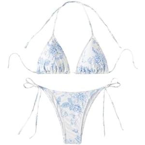 SHENHE Women's 2 Piece Swimsuit Floral Print Halter Tie Side Triangle Bikini Set, S