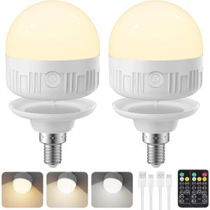 2Packs E12 Rechargeable Light Bulbs with Remote Control, 5W 350lm Magnetically Battery Operated Light Bulbs with 3 Color Temperature, Timer, Dimmer for Non-Hardwired Candle chandeliers Candelabra lamp