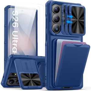 SSLOTSCASE for Samsung Galaxy S26 Ultra Case with 2X Screen Protector, [9H Hardness] Military-Grade Shatterproof, Kickstand & Card Holder & Sliding Lens Cover, Durable Phone Cover for S26 Ultra, Blue