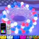 46ft Smart Color Changing Red White and Blue String Lights Outdoor Indoor | 100LED 4th of July Decorations App Control with Remote, Globe Patriotic American Flag Lights for Independence Memorial Day