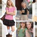 3 Pack Girls Shirts Kids V Neck Short Sleeve Ribbed Knit Tunic Tops Slim Fit Casual Cute Basic Summer Solid Tee