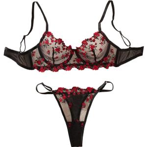 SweatyRocks Women's Valentines Lace Floral Lingerie Sets Sexy Mesh Bra and Panty Babydoll Outfits (Black, S)