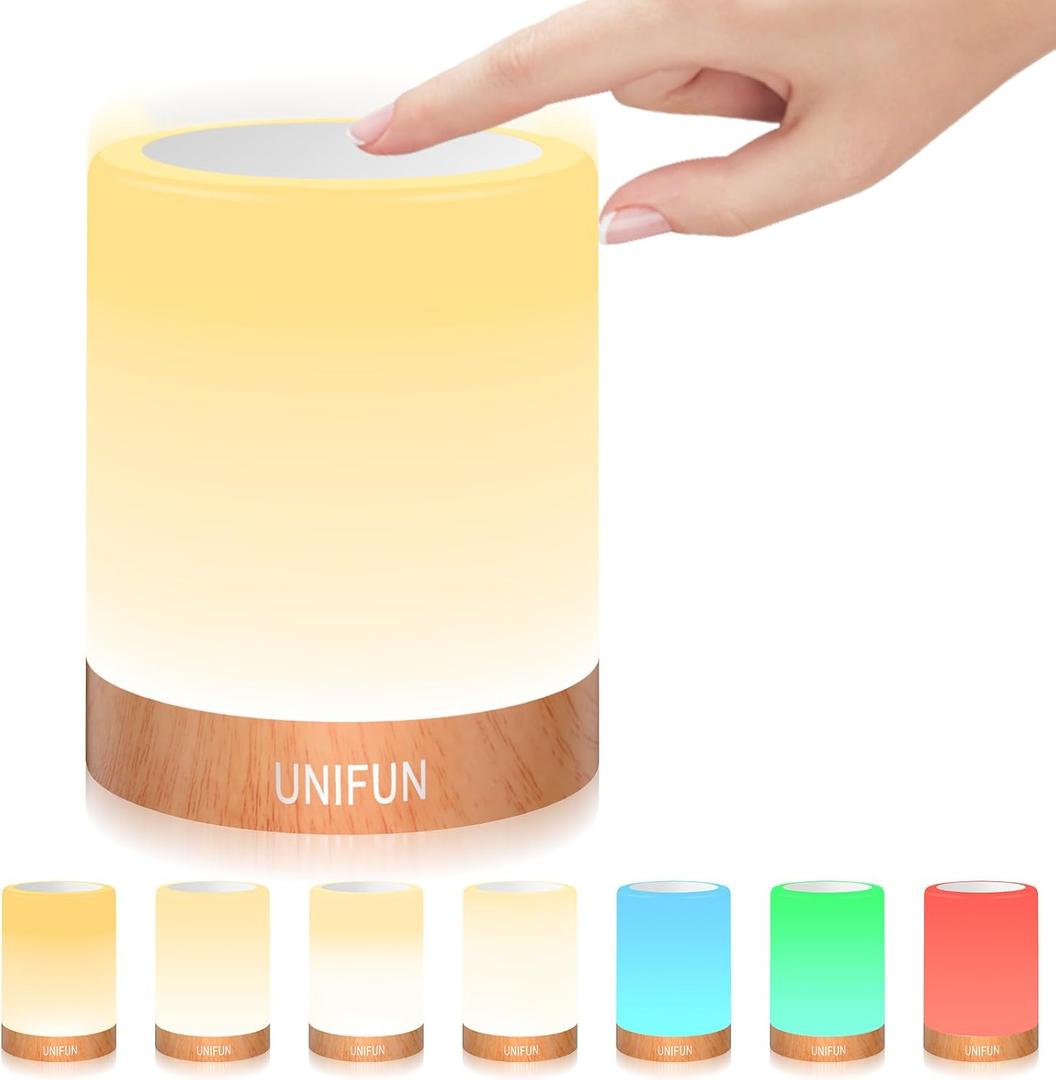UNIFUN Touch Control Night Light - Rechargeable Bedside Table Lamp with Dimmable Warm White (2800K-3100K) & RGB Color Changing, Portable Cordless LED Lamp for Bedroom, Nursery, Living Room (Regular Szie)