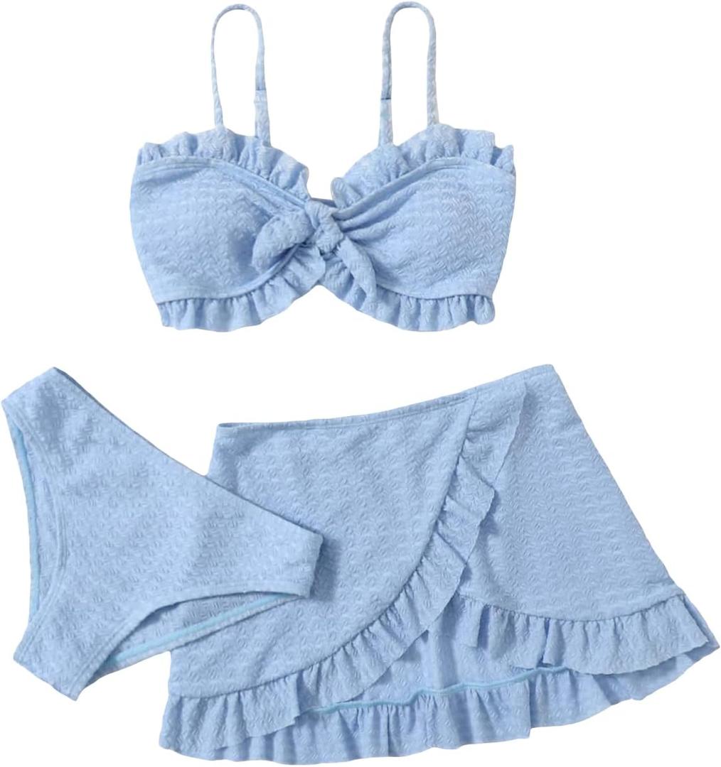 SHENHE Girl's 3 Piece Cute High Waisted Ruffle Trim Swimsuit Bikini Sets with Beach Skirt (Light Blue)