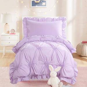 HOMBYS 4 Pieces Purple Princess Toddler Bedding Set for Girls Kids, Ultra Soft Pinch Pleat Comforter Set with Ruffles for All Season