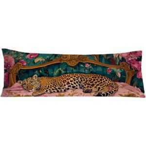 Vintage Leopard Floral 20x54 Body Pillow Cover, Cheetah Room Decor, Trendy Retro Sleepy Leopard Pink Flowers Decorative Long Body Pillow Cases for Bed Couch