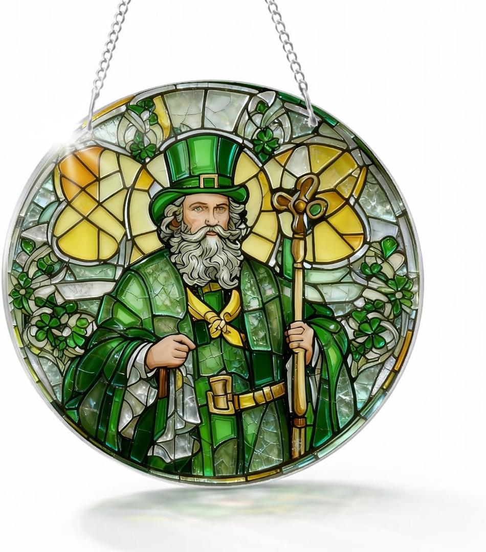 Saint Patrick Window Decor, Round Acrylic Irish Hanging Ornament, St. Patricks Day Shamrock Figure Decoration for Home Indoor Outdoor, Gift for Women Men