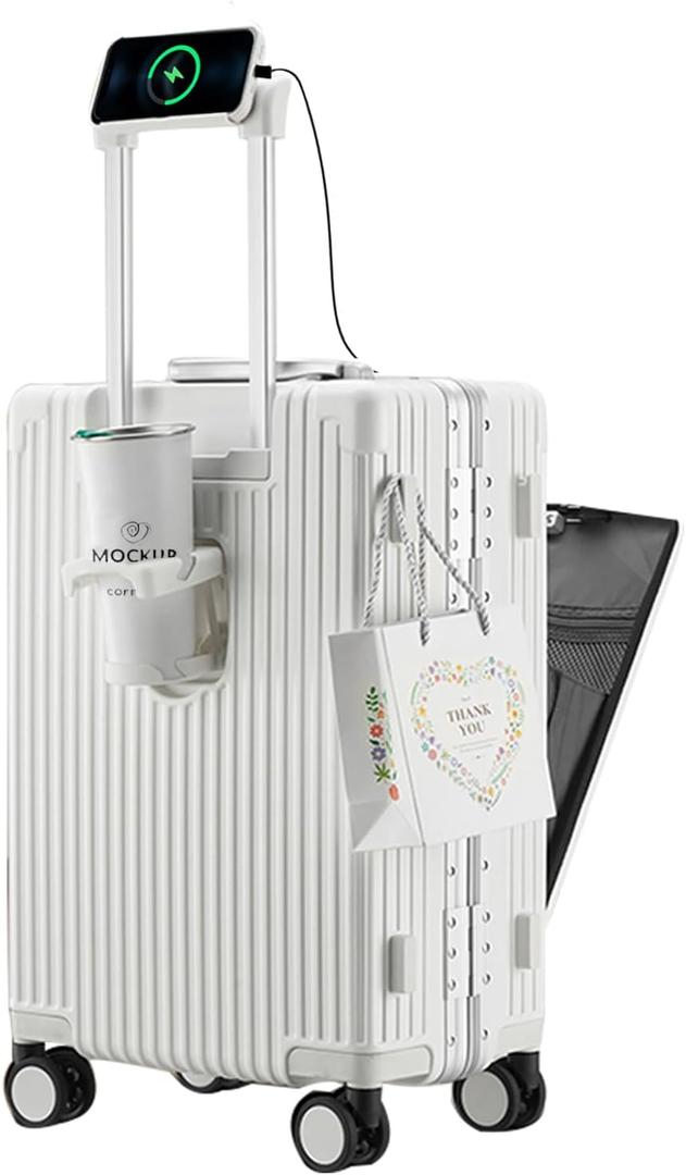 Feilario 20in Aluminium Frame PC Hard Shell Spinner Wheels Luggage, Built-In TSA lock Carry on Suitcase, with Cup Holder, USB Port, Phone Holder