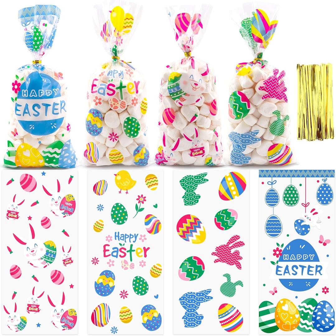 Easter Cellophane Treat Bags, Easter Gift Bags, Easter Goodie Bags, Plastic Clear Cello Colorful Eggs Bunny Easters Candy Cookies Goody Snack Bag with Ties for Easte Party Favors Supplies, 50 Pcs