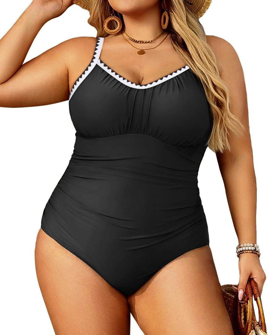 Aqua Eve Plus Size Swimsuit for Women Tummy Control One Piece Bathing Suit Vintage Swimwear (Solid Black), Size: 18W