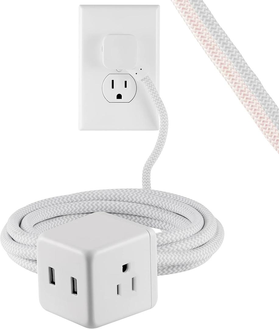 Cordinate Cube Extension Cord, 10Ft, 3-Outlet Flat Plug Extension Cord, Cube Extension Cord with Multiple Outlets, 3 Prong Cube Extension Cord, 2 USB Ports Braided Extension Cord, Gray/White, 55356