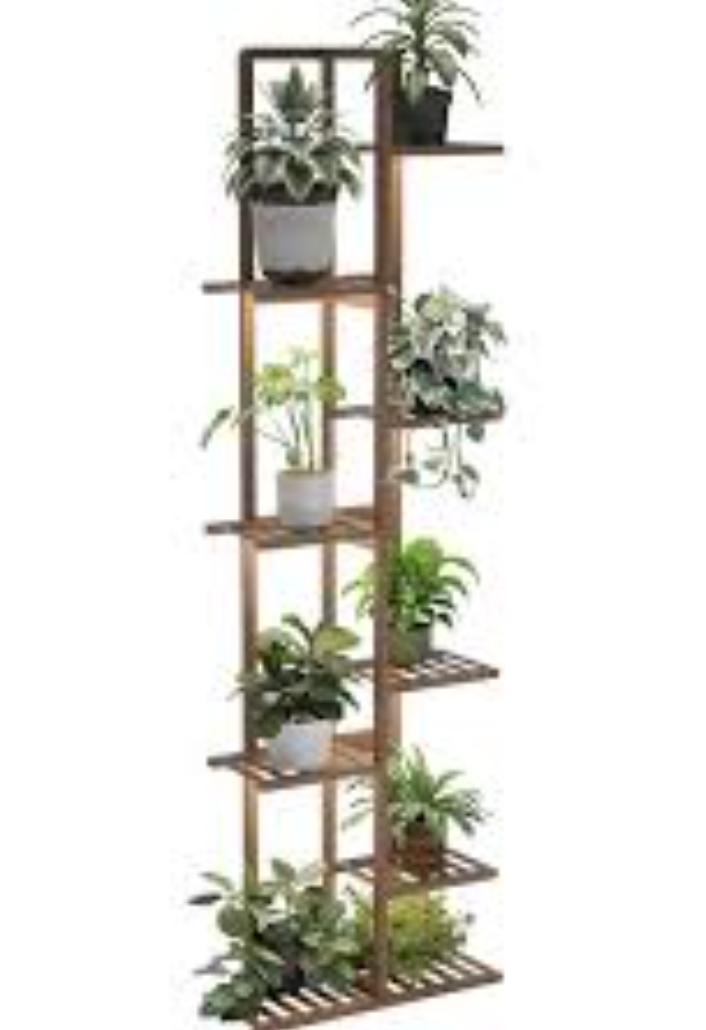 Solatmos Bamboo Plant Stand With Grow Lights Indoor Plants Outdoor Corner Plant Shelf Flower Stands for Living Room Patio Garden Corner Balcony (Brown, 8 Tier)