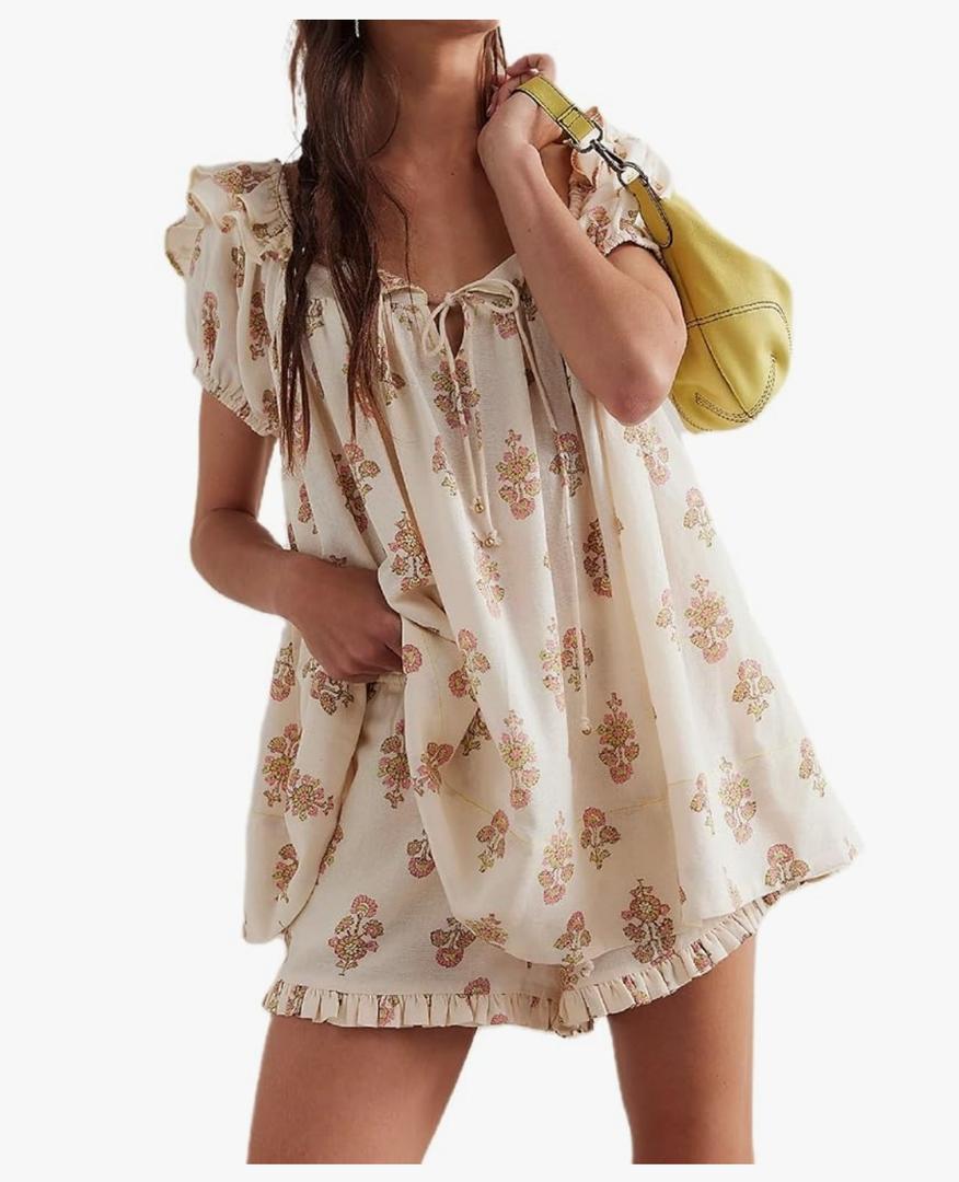 ROAONOCOMO Women Floral Pajama Set Ruffle Puff Sleeve Peplum Shirt Coquette Pj Set Bow Babydoll 2 Piece Shorts Outfit No Size One White