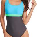 Womens One Piece Swimsuit Scoop Open Back Athletic Training Swimwear Color Block Sport Bathing Suit (Blue, M)