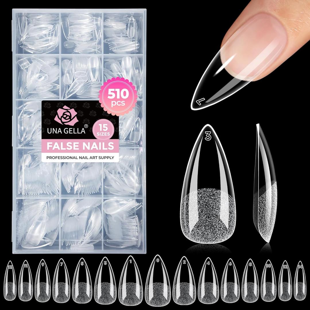 UNA GELLA Stiletto Gel Nail Tips:510Pcs Full Cover Nail Tips Medium Stiletto Almond Pre-etched Fake Clear Acrylic False Nails Sturdy Stiletto Press on Nails for Nail Extensions Home DIY Salon 15 Sizes