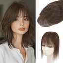 S-noilite Hair Toppers for Women Real Human Hair, 100% Real Human Hair Toppers with Bangs for Women with Thin Hair,2.25"*6" Lace Silk Base 10 inch Natural Brown