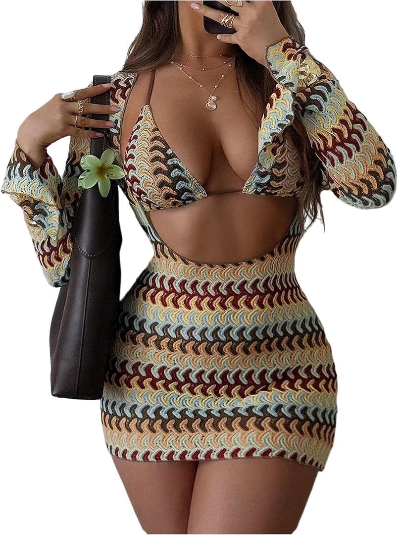 SHENHE Women's 3 Piece Striped Swimsuits Crochet Triangle String Bikini Set with Cover Up Dress (M)