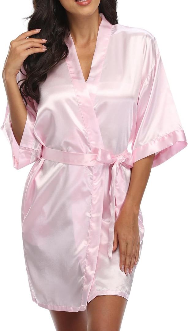 Women's Short Robe Silky Satin Pure Color Bathrobe Bridesmaid Bride Party Kimono V-Neck Sleepwear with Pockets (Pink, S)