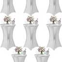 Cocktail High Top Table Covers - 32x43 Inch Fitted Spandex Round Cocktail Tablecloth for Bar Height Standing Table Cloths Reusable, for Party Wedding Banquet Event Decorations, Shiny White, 8 Pack