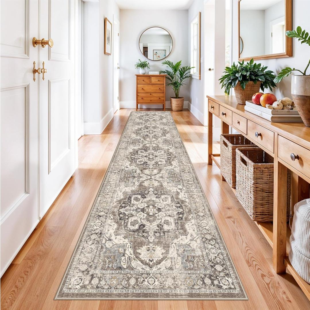 3x15 Hallway Runner Rug Washable: Soft Thin Kitchen Rugs for Indoor Entryway Vintage Non-Slip Stain Resistant 15ft Long Carpet Home Decor Floor Mat for Bedroom Living Room(Beige/Brown/Grey, 3x15)